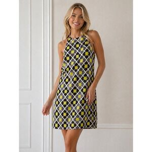 Milly Shift Mini Dress Womens Size 2 Yellow Black Geometric Silk Linen Retro 60s
